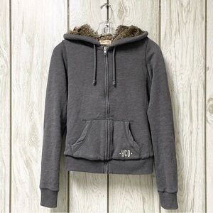 VTG Hollister Women Gray Faux Fur Lined Hooded Zip Y2K Sweatshirt Hoodie XS